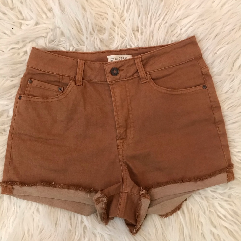 tobacco colored roll cuff denim shorts